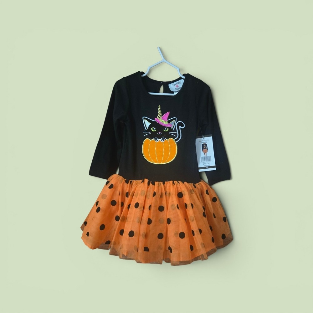 NWT Counting Daisies Girls Halloween Cat Pumpkin Tutu Dress Leggings Set Sz 3T